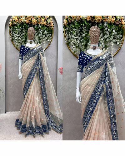 Designer Silk Saree with Thread &amp; Sequin Work and Mono Bengal Silk Blouse - Elegant Ethnic Wear-Beige-1