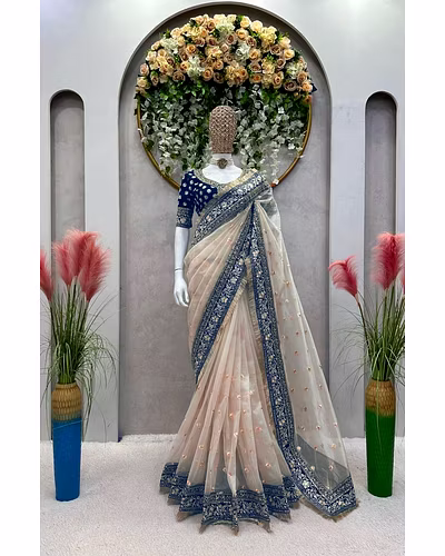 Designer Silk Saree with Thread &amp; Sequin Work and Mono Bengal Silk Blouse - Elegant Ethnic Wear-Beige-2