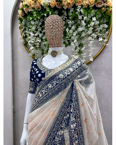 Designer Silk Saree with Thread &amp; Sequin Work and Mono Bengal Silk Blouse - Elegant Ethnic Wear-Beige-5