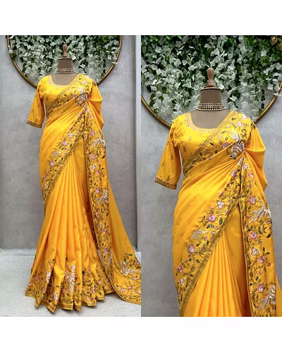 Beautiful Designer Silk Saree with Thread &amp; Sequence Work and Unstitched Blouse-Yellow-1