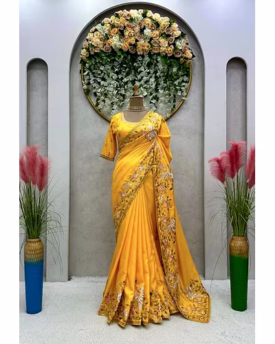Beautiful Designer Silk Saree with Thread &amp; Sequence Work and Unstitched Blouse-Yellow-3