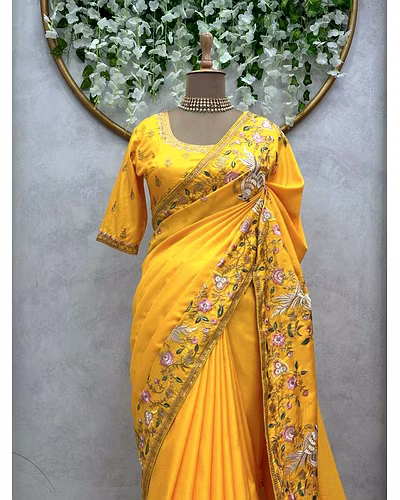 Beautiful Designer Silk Saree with Thread &amp; Sequence Work and Unstitched Blouse-Yellow-5