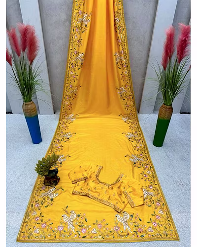 Beautiful Designer Silk Saree with Thread &amp; Sequence Work and Unstitched Blouse-Yellow-7