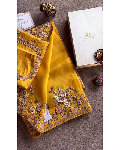 Beautiful Designer Silk Saree with Thread &amp; Sequence Work and Unstitched Blouse-Yellow-8