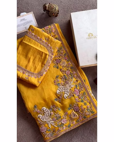 Beautiful Designer Silk Saree with Thread &amp; Sequence Work and Unstitched Blouse-Yellow-10