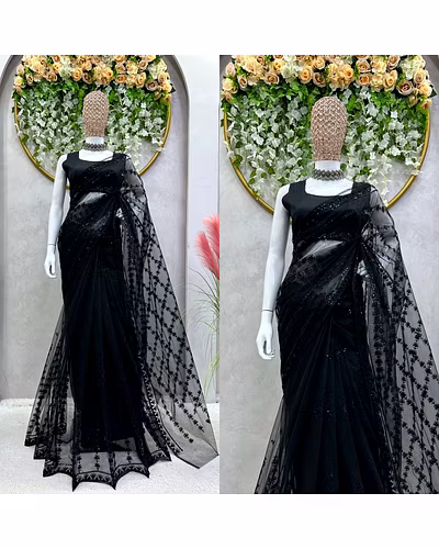 Beautiful Designer Soft Net Saree with Thread &amp; Sequence Work and Benglori Silk Blouse - Elegant Ethnic Wear-Black-4
