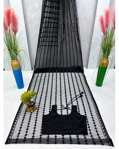 Beautiful Designer Soft Net Saree with Thread &amp; Sequence Work and Benglori Silk Blouse - Elegant Ethnic Wear-Black-7