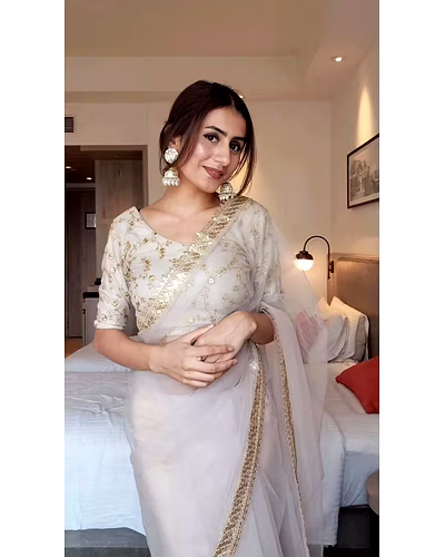 Beautiful Designer Saree on Soft Net Fabric with Thread &amp; Sequence Work and Unstitched Blouse on Benglori Silk Fabric with Thread &amp; Sequence Work-RKD468-White