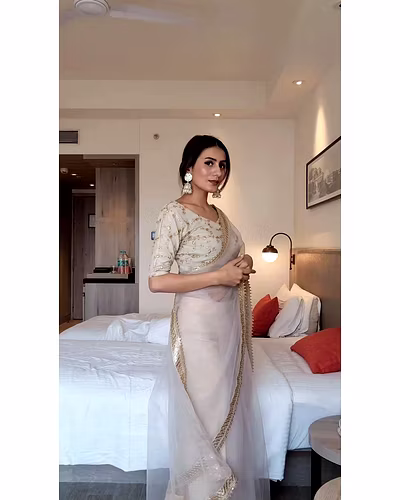 Beautiful Designer Saree on Soft Net Fabric with Thread &amp; Sequence Work and Unstitched Blouse on Benglori Silk Fabric with Thread &amp; Sequence Work-White-3