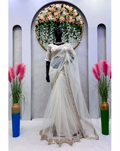 Beautiful Designer Saree on Soft Net Fabric with Thread &amp; Sequence Work and Unstitched Blouse on Benglori Silk Fabric with Thread &amp; Sequence Work-White-4