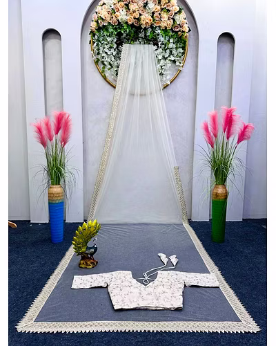 Beautiful Designer Saree on Soft Net Fabric with Thread &amp; Sequence Work and Unstitched Blouse on Benglori Silk Fabric with Thread &amp; Sequence Work-White-6