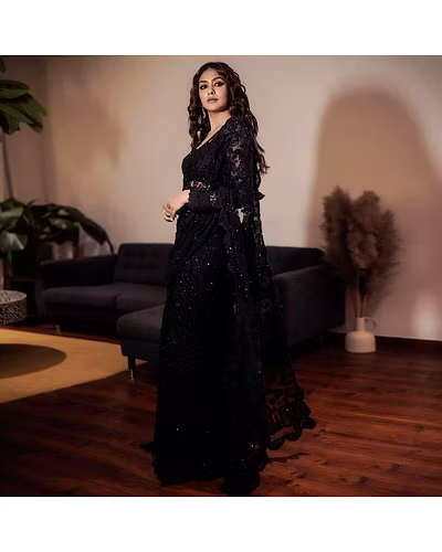 Beautiful Soft Net Designer Saree with Thread &amp; Sequence Work and Soft Net Blouse with Thread &amp; Sequence Work - Same Color-Black-2