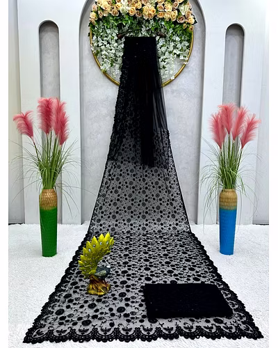 Beautiful Soft Net Designer Saree with Thread &amp; Sequence Work and Soft Net Blouse with Thread &amp; Sequence Work - Same Color-Black-7