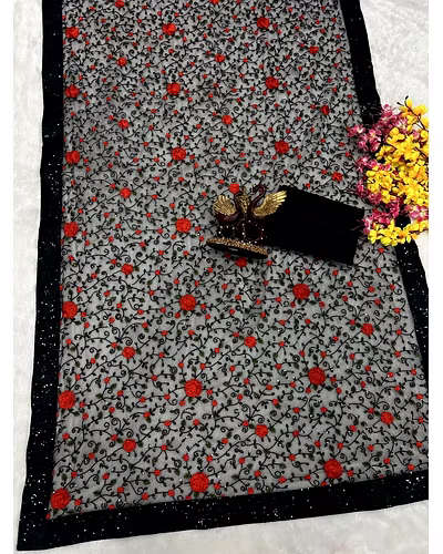 Heavy Soft Net Saree with Sequins Embroidery With Blouse Piecs-6