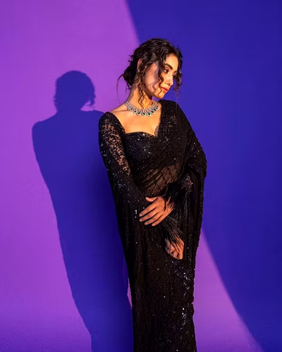 Soft Net Saree with Sequin Embroidered Pallu With Blouse Piecs-RNC5295-Black