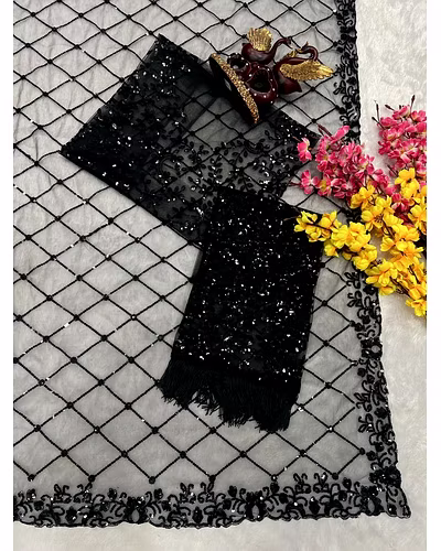 Soft Net Saree with Sequin Embroidered Pallu With Blouse Piecs-Black-7