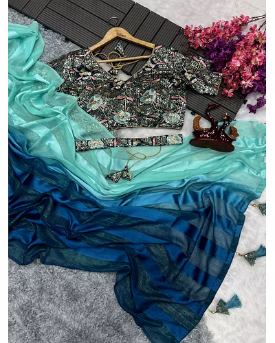 Satin Jari Saree with Sequin Embroidered Blouse With Blouse Piecs-Rama-2