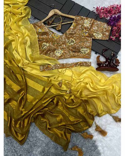 Satin Jari Saree with Sequin Embroidered Blouse With Blouse Piecs-Yellow-1