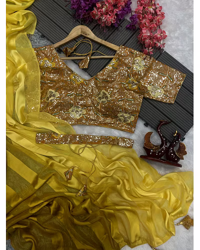 Satin Jari Saree with Sequin Embroidered Blouse With Blouse Piecs-Yellow-7