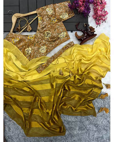 Satin Jari Saree with Sequin Embroidered Blouse With Blouse Piecs-Yellow-11