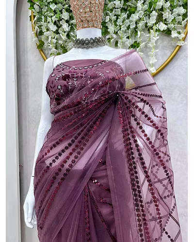 Beautiful Designer Saree in Heavy Net Fabric with Sequence Work and Blouse in Heavy Net Fabric with Thread &amp; Sequence Work-Wine-6