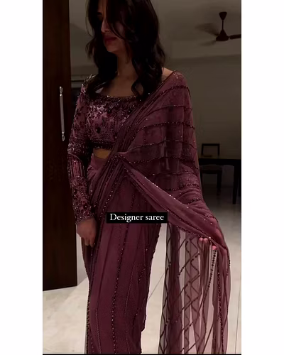 Beautiful Designer Saree in Heavy Net Fabric with Sequence Work and Blouse in Heavy Net Fabric with Thread &amp; Sequence Work-Wine-3