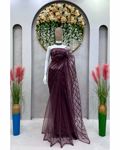 Beautiful Designer Saree in Heavy Net Fabric with Sequence Work and Blouse in Heavy Net Fabric with Thread &amp; Sequence Work-Wine-5