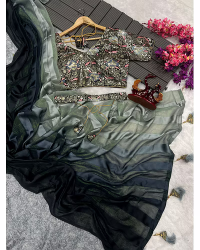 Satin Jari Saree with Sequin Embroidered Blouse With Blouse Piecs-Grey-5