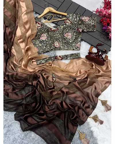 Satin Jari Saree with Sequin Embroidered Blouse With Blouse Piecs-Brown-1