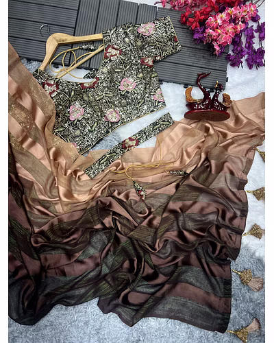 Satin Jari Saree with Sequin Embroidered Blouse With Blouse Piecs-Brown-2