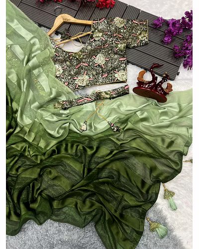 Satin Jari Saree with Sequin Embroidered Blouse With Blouse Piecs-Green-4