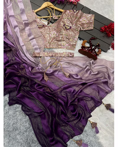 Satin Jari Saree with Sequin Embroidered Blouse With Blouse Piecs-Wine-5