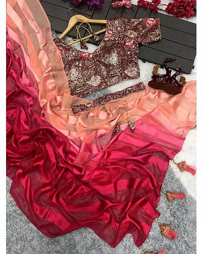 Satin Jari Saree with Sequin Embroidered Blouse With Blouse Piecs-Red-1