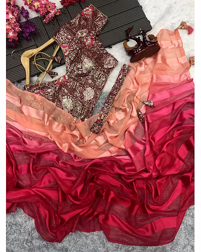 Satin Jari Saree with Sequin Embroidered Blouse With Blouse Piecs-Red-2