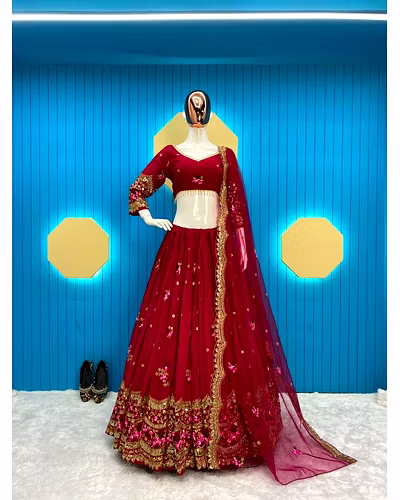 Elegant Faux Georgette Lehenga with Sequins Embroidery, Choli &amp; Net Dupatta Set-Red-2