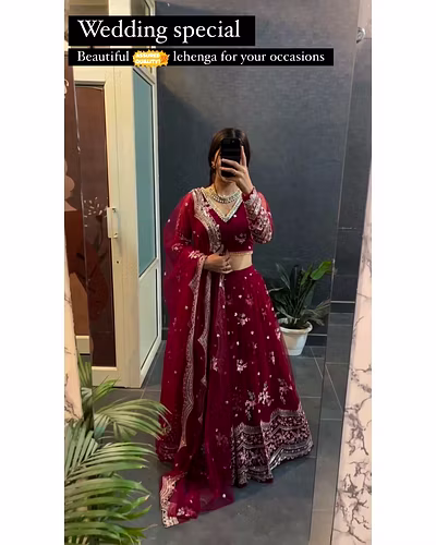 Elegant Faux Georgette Lehenga with Sequins Embroidery, Choli &amp; Net Dupatta Set-Red-1