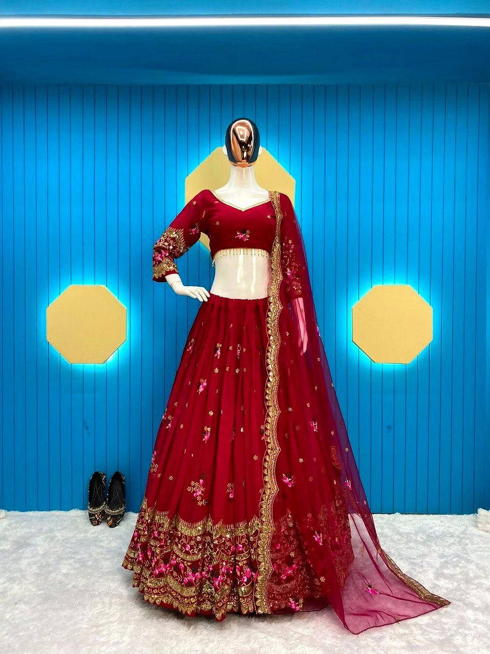 Elegant Faux Georgette Lehenga with Sequins Embroidery, Choli & Net Dupatta Set image 3