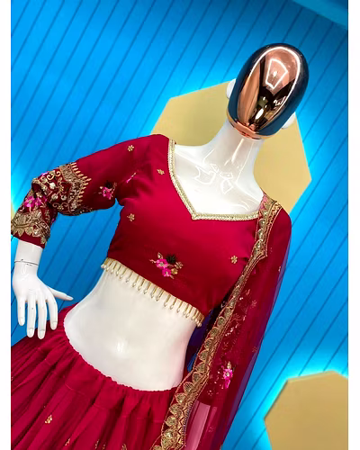 Elegant Faux Georgette Lehenga with Sequins Embroidery, Choli &amp; Net Dupatta Set-Red-4