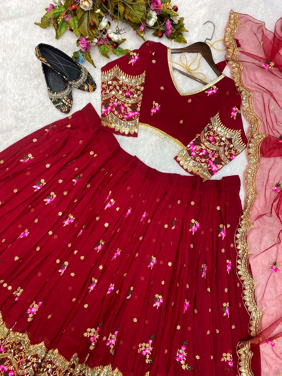 Elegant Faux Georgette Lehenga with Sequins Embroidery, Choli & Net Dupatta Set image 8