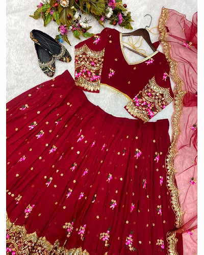 Elegant Faux Georgette Lehenga with Sequins Embroidery, Choli &amp; Net Dupatta Set-Red-7