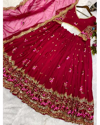 Elegant Faux Georgette Lehenga with Sequins Embroidery, Choli &amp; Net Dupatta Set-Red-8