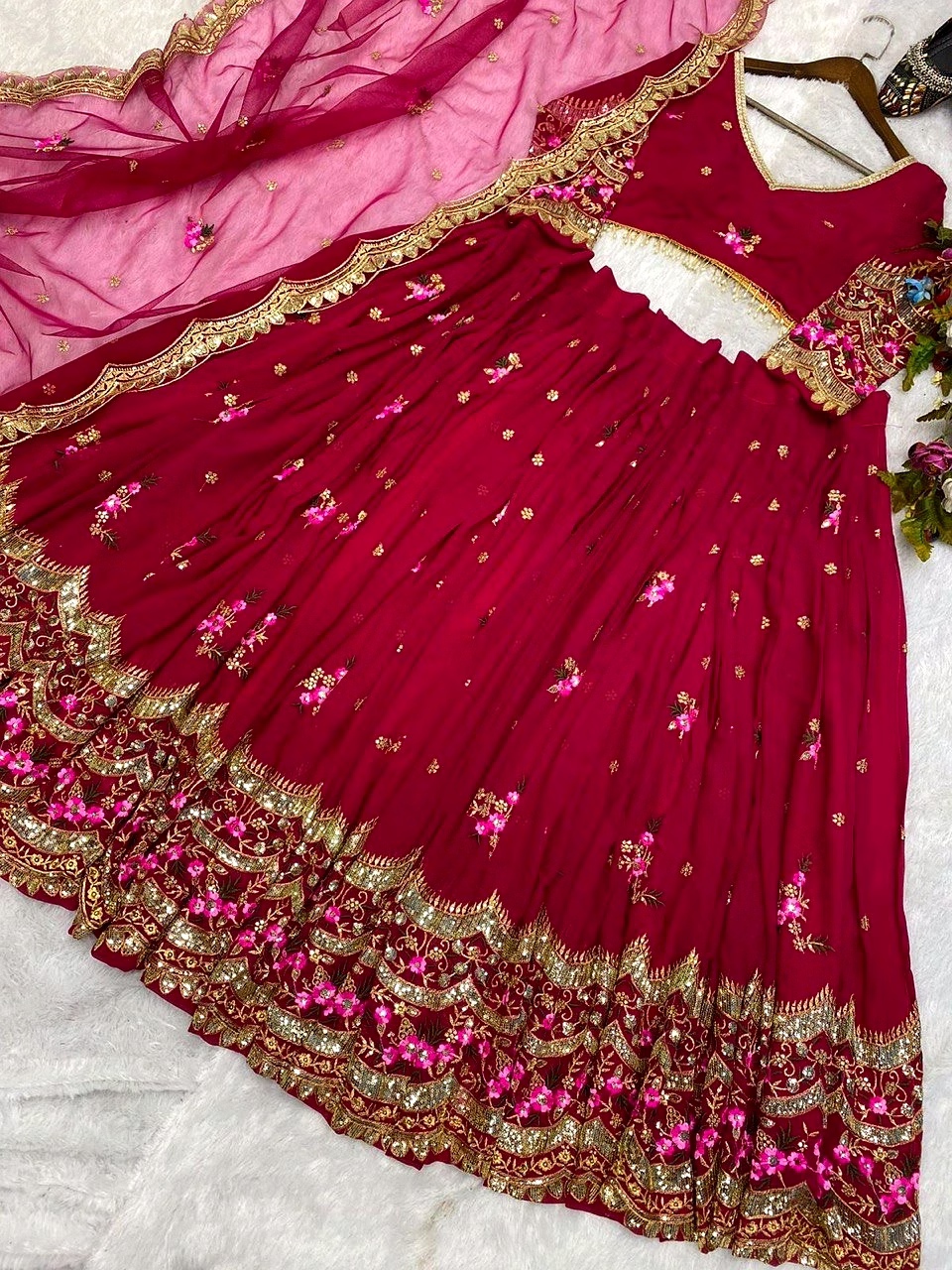 Elegant Faux Georgette Lehenga with Sequins Embroidery, Choli & Net Dupatta Set image 9