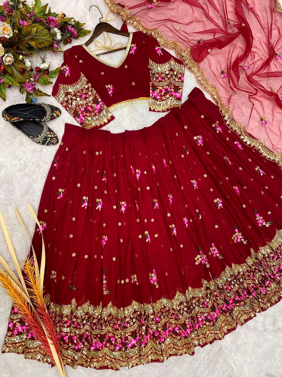 Elegant Faux Georgette Lehenga with Sequins Embroidery, Choli & Net Dupatta Set image 12
