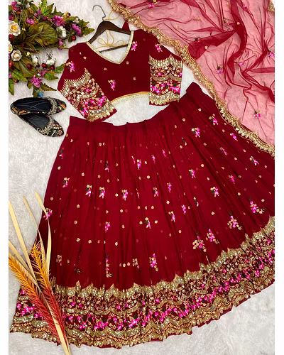 Elegant Faux Georgette Lehenga with Sequins Embroidery, Choli &amp; Net Dupatta Set-Red-11