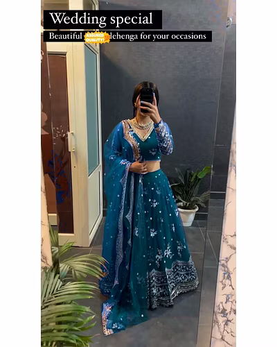 Elegant Faux Georgette Lehenga with Sequins Embroidery, Choli &amp; Net Dupatta Set-RLG606-Rama