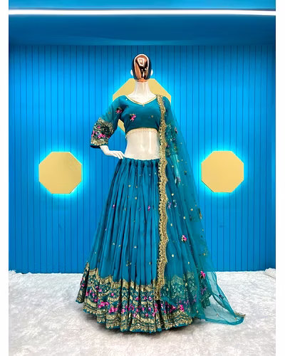Elegant Faux Georgette Lehenga with Sequins Embroidery, Choli &amp; Net Dupatta Set-Rama-2