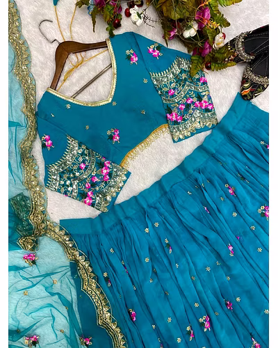 Elegant Faux Georgette Lehenga with Sequins Embroidery, Choli &amp; Net Dupatta Set-Rama-6