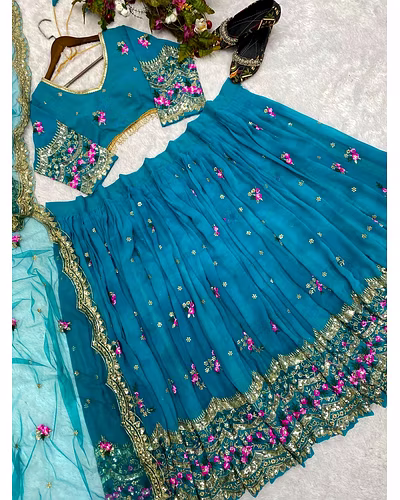 Elegant Faux Georgette Lehenga with Sequins Embroidery, Choli &amp; Net Dupatta Set-Rama-11