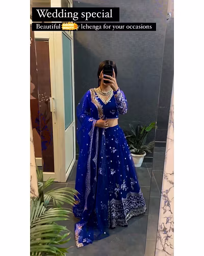 Elegant Faux Georgette Lehenga with Sequins Embroidery, Choli &amp; Net Dupatta Set-Navy Blue-1