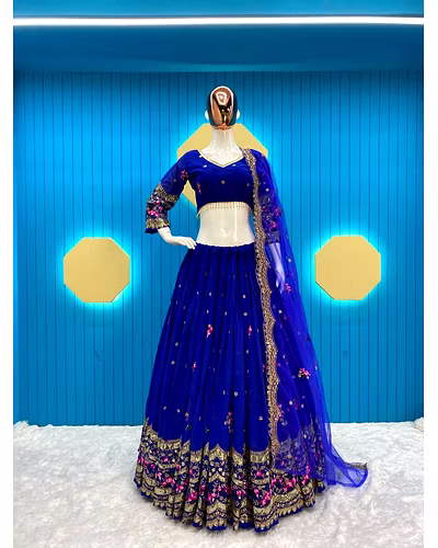 Elegant Faux Georgette Lehenga with Sequins Embroidery, Choli &amp; Net Dupatta Set-Navy Blue-2